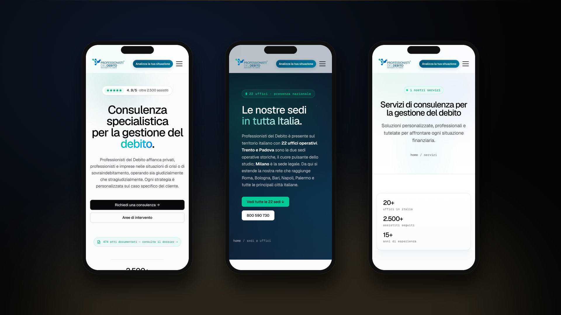 Tre dispositivi mobile mostrano Home, Sedi e Servizi di Professionisti del Debito — design mobile-first responsive